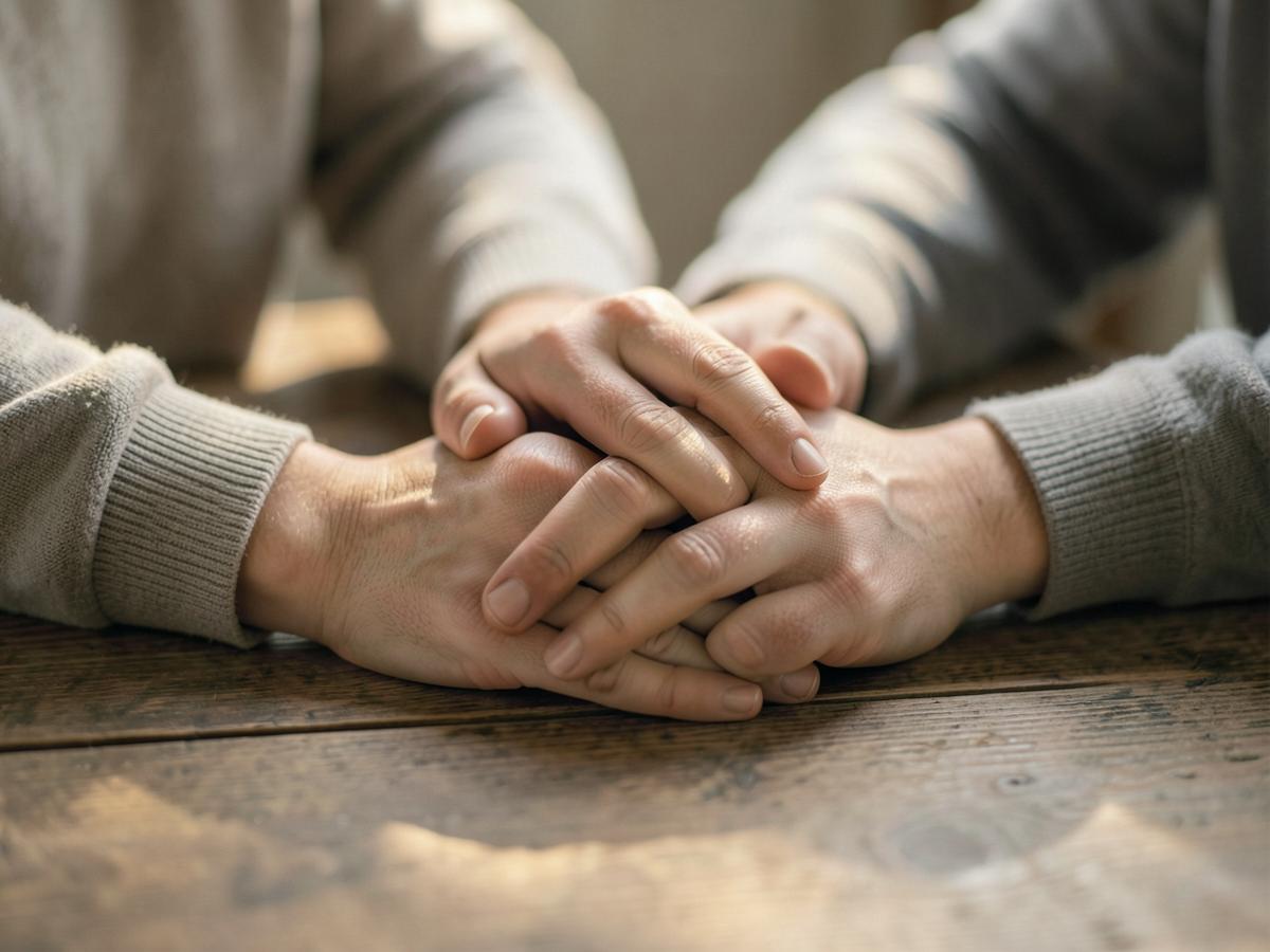 Duas pessoas de mãos dadas sobre uma mesa de madeira